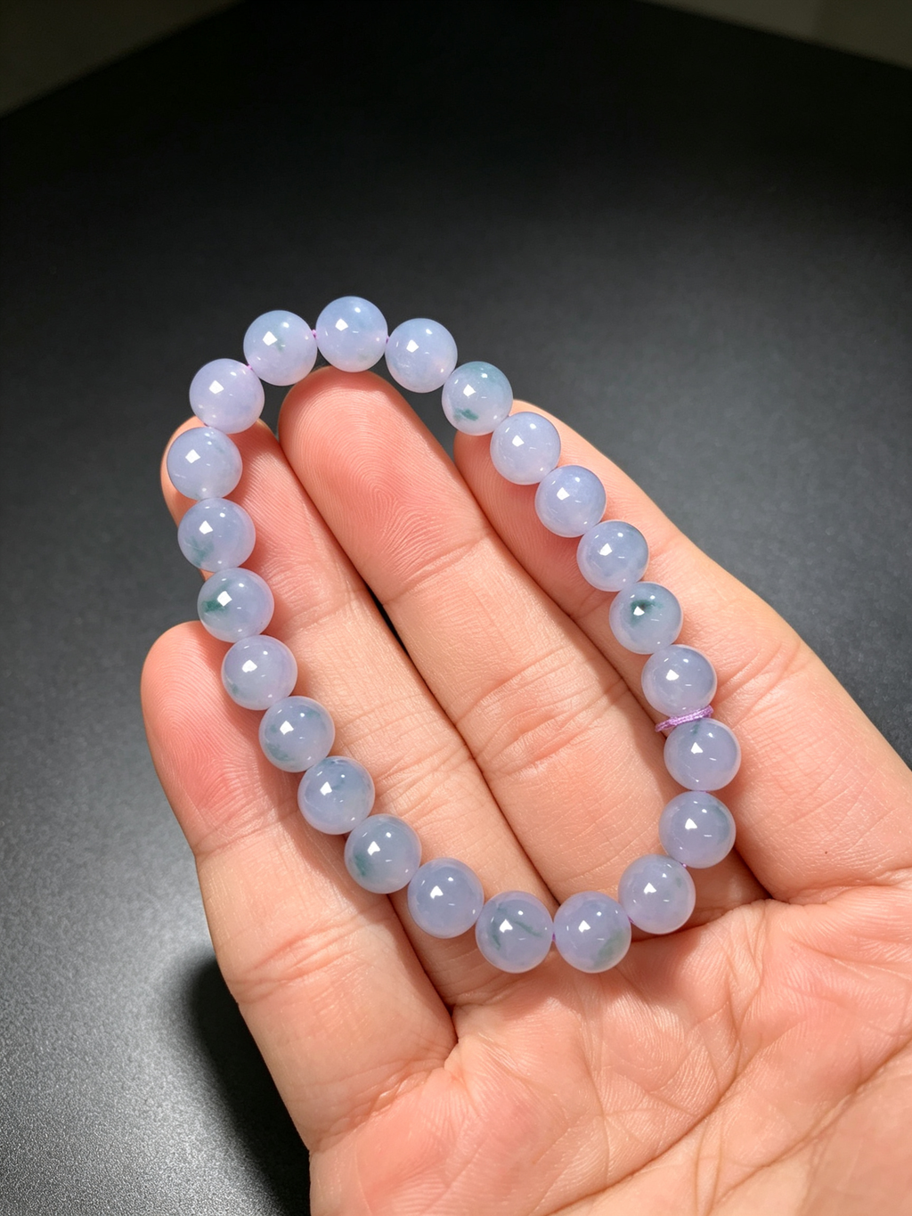 Type-A Jadeite Bracelet 7.8mm Round Beads, Icy Lavender Floating Blue Flower Jade Bracelet, Natural Burma Jade Beaded Bangle for Women