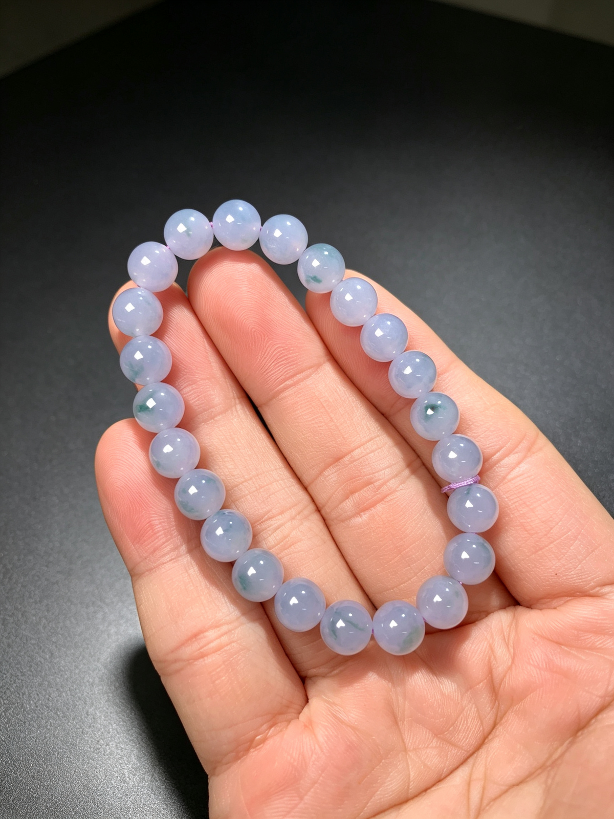Type-A Jadeite Bracelet 7.8mm Round Beads, Icy Lavender Floating Blue Flower Jade Bracelet, Natural Burma Jade Beaded Bangle for Women