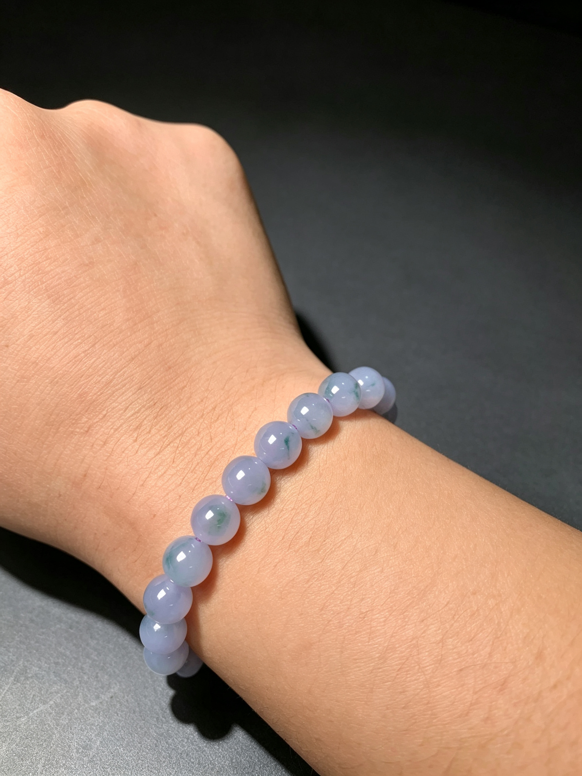 Type-A Jadeite Bracelet 7.8mm Round Beads, Icy Lavender Floating Blue Flower Jade Bracelet, Natural Burma Jade Beaded Bangle for Women