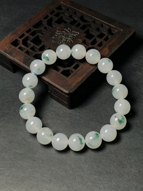 9.9mm Natural Type-A Myanmar Jadeite Round Bead Bracelet, Untreated Floating Flower Jade Bracelet with Certificate