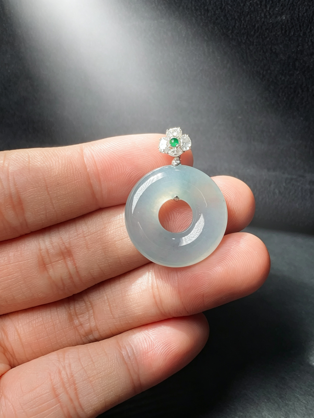 Burma Natural Grade A Jadeite Pendant, 18K Gold Diamond Bail, 33.4mm (Including Bail) × 24.7mm × 5.5mm