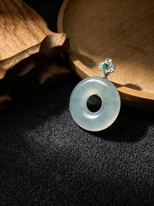 Burma Natural Grade A Jadeite Pendant, 18K Gold Diamond Bail, 33.4mm (Including Bail) × 24.7mm × 5.5mm