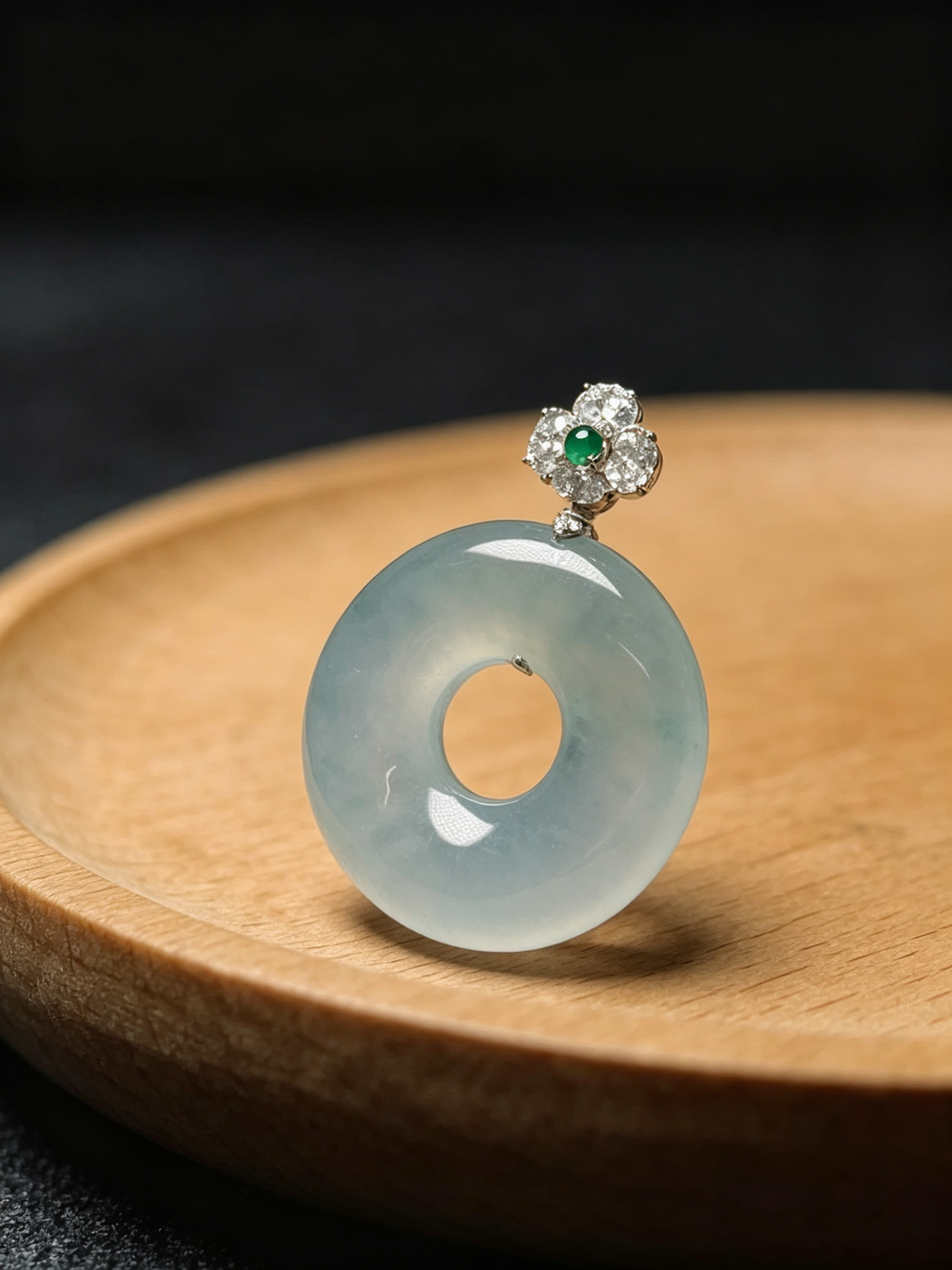 Burma Natural Grade A Jadeite Pendant, 18K Gold Diamond Bail, 33.4mm (Including Bail) × 24.7mm × 5.5mm