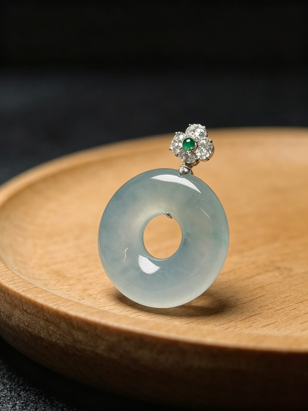 Burma Natural Grade A Jadeite Pendant, 18K Gold Diamond Bail, 33.4mm (Including Bail) × 24.7mm × 5.5mm