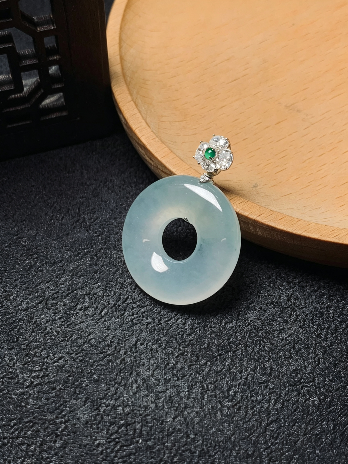 Burma Natural Grade A Jadeite Pendant, 18K Gold Diamond Bail, 33.4mm (Including Bail) × 24.7mm × 5.5mm