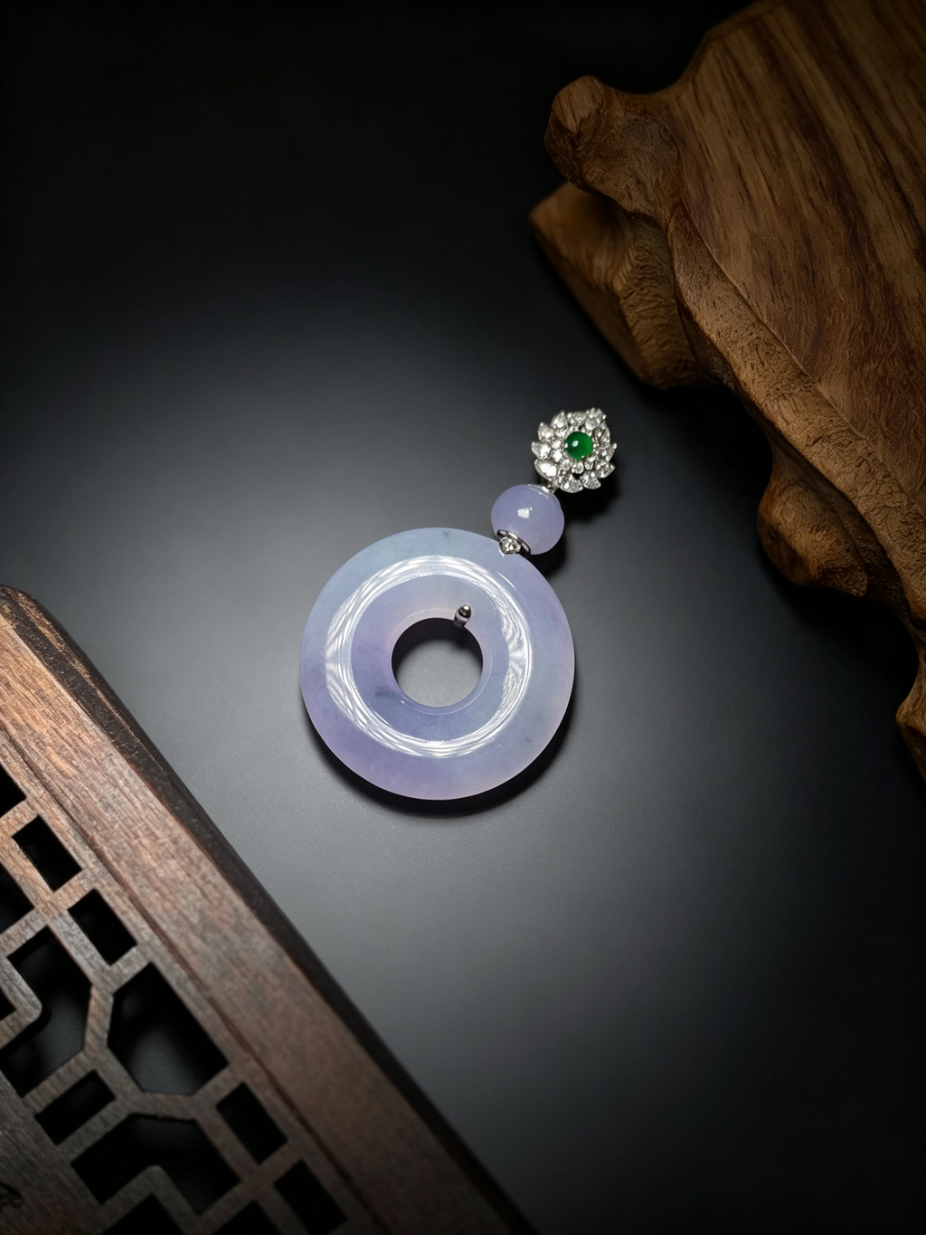 Natural Burmese A Grade Jadeite Pendant, 39.8×24.3×5.1mm, Floating Flower Jade Necklace Pendant with Gold Bail